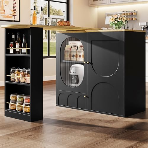 HYUB Ausziehbarer Bartisch mit Stauraum und 360° Drehfunktion, Ausziehbarer Esstisch mit herausnehmbaren Türregalen und Arbeitsplatte, für Esszimmer und Küchen, 137-203x39x90 cm, Schwarz