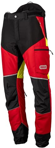Oregon Protect Pro Motorsågsbyxor, Varsel, Andningsförmåga, 4 Fickor, Professionell Kvalitet för Användning av Motordrivna Verktyg, Skogs- och Friluftsarbete, Röd/Gul, Storlek 2XL
