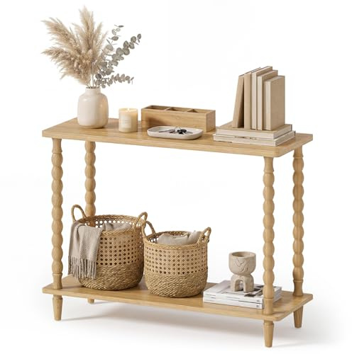 HOOBRO Tavolo Console Stretto da 100 cm, Consolle Ingresso a 2 Ripiani, Tavolino Laterale e da Ingresso, per Dietro Divano, Gambe in Legno Massello a Forma di Zucca, Colore Legno ENL105XG01