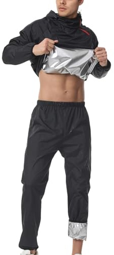 Generico Combinaison d'entraînement pour homme 2 pièces Sauna Veste Top Manches Longues Minceur Transpiration Perte Poids Sport Combinaison Transpiration Capuche Poches Gym Fitness