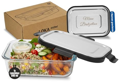 Personalisierte Lunchbox 640 ml Glas - auslaufsichere Meal Prep Box Schwarz | hitzebeständig, 4-fach Clip, Deckel, Meal Prep, Mikrowelle, Gefrierschrank, stapelbar, gravierbar