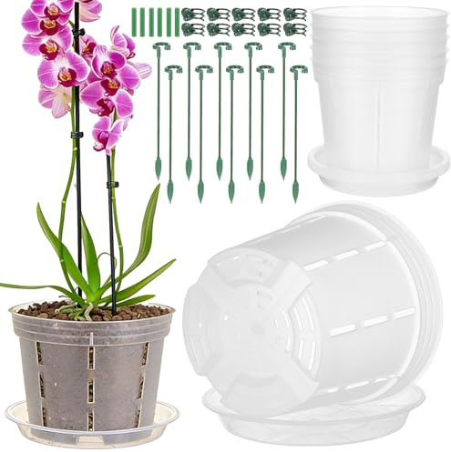CXMKFEF 6 Pack Orchid Pots Plastic Plant Pots with Drainage Holes 6 Inch | Orchid Planters with Saucers 10 Plant Stakes 10 Orchid Clips 6 Connectors Orchid Repotting Kit for Indoor Outdoor