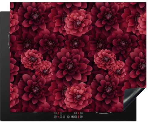 KitchenYeah© Herdabdeckplatte Einteilig Küche Herdabdeckung Induktionsfeld | 65x52 cm - Ceranfeld Herdabdeckplatten Vinyl Matte Aufrollbar Dahlien - Blumen - Rot
