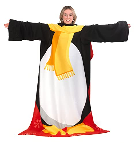 Snug Rug Christmas Penguin Fleece Blanket with Sleeves, Black/White