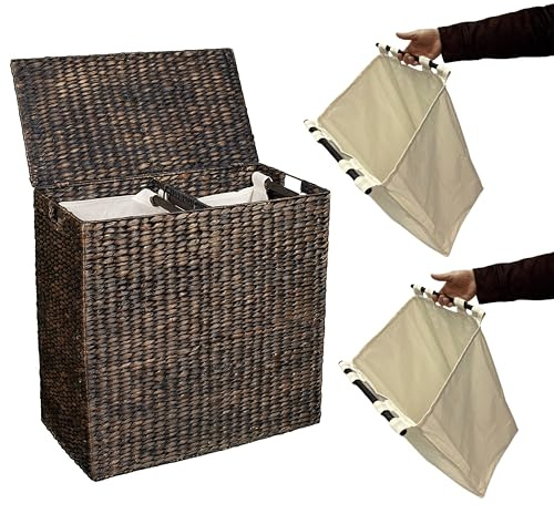 BirdRock Home Water Hyacinth Laundry Hamper Divided Interior (Espresso) | Eco-Friendly | Made of Hand Woven Hyacinth Fibers | Includes Two Removable Cotton Liners Bag | Wicker Laundry Basket with Lid