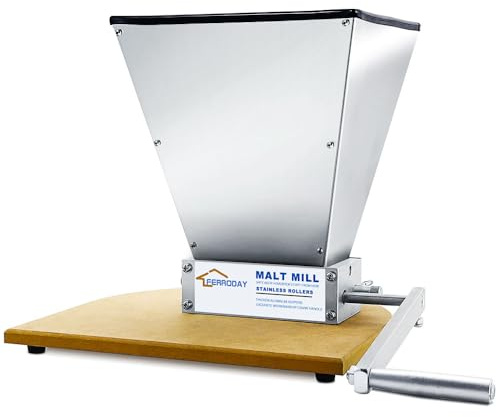 FERRODAY Malted Grain Mill - 2 Roller Stainless Steel Crusher, Heavy Duty Homebrew Grain Grinder, Adjustable Barley Crusher, Low Speed Drill Available, Manual Mill