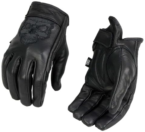 Men's Leather Motorcycle Glove w/Reflective Skull Design & Gel Palm (Large)