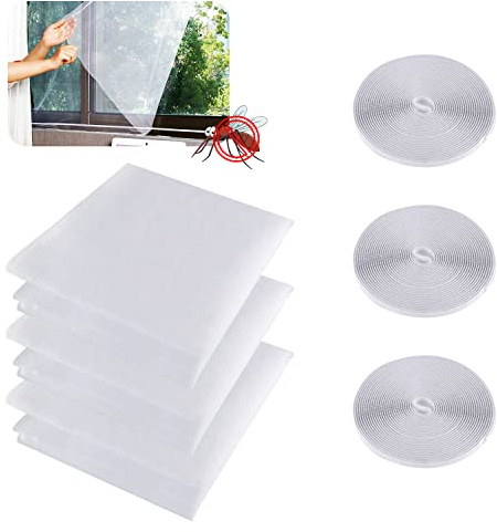 kuou 3 Packs Fly Screen for Window, Self-Adhesive Mosquito Net for Windows, 1.3 x 1.5m Window Screen Mesh Window Net to Keep Bugs and Flies Out with 3 Rolls Tapes (White)