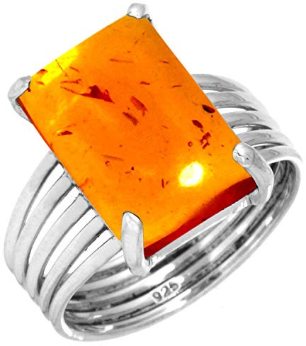 Jeweloporium Anillo de plata con ámbar naranja, talla 16,5, anillo de plata de ley 925 para mujer, joyería bohemia con piedras preciosas octogonales.