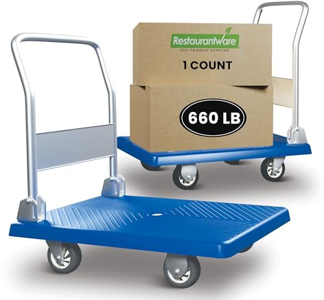 Restaurantware-RW Clean 35.5 x 23.25 x 27.75 Inch Platform Cart, 1 Large Flat Hand Cart - 660-Pound Capacity, Foldable Handle, Blue Plastic Flatbed Dolly Cart, Heavy-Duty, For Warehouses Or Homes