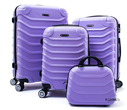 R.Leone Valigia da 1 pezzo Fino a Set 4 Trolley Rigido grande, medio, bagaglio a mano e beauty case 8 ruote in ABS 2026 (Lilla, Set 4 XXS S M L)