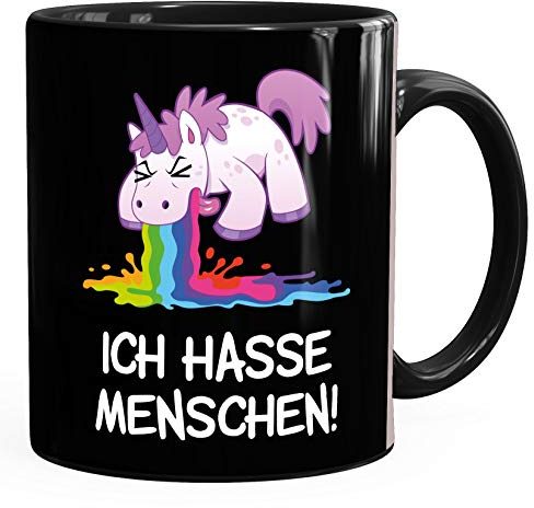 MoonWorks® Kaffee-Tasse mit Spruch Ich hasse Menschen kotzendes Einhorn Bürotasse lustige Kaffeebecher schwarz Keramik-Tasse