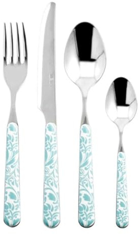 Pengo Neva 1610000 Set of 24 Vintage Cutlery in Plastic Steel with Floral Decoration, Green