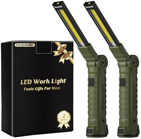 Coquimbo LED Work Light Rechargeable Torch, Gifts for Men Dad Him | Inspection Lamp, Magnetic Base Hook, BBQ Light, 360° Rotate for Car Repair, Mechanic, Camping, Emergency (2 Pack, Green）