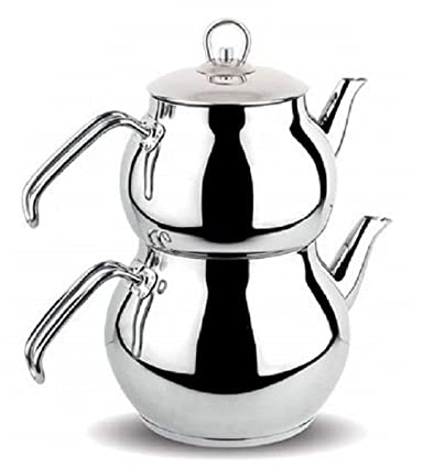 DESTALYA Juego de tetera turca | Tetera doble de acero inoxidable para estufa | Tetera con asa | Hervidor de té autofrenado estilo Samovar | Calentador de agua (Midi con asas de metal)