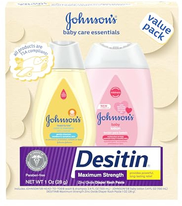 Johnson's Baby Care Essentials Gift Set, Body Lotion, & Zinc Oxide Diaper Rash Paste for Baby's Delicate Skin, Value Pack, Travel-Size, Bath Essentials Must Haves, Baby Gifts, 3 Items