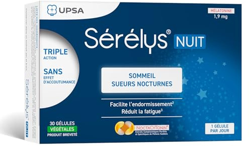 UPSA - Sérélys NUIT- Complément Alimentaire à Base de Mélatonine 1,9 mg, Magnésium & Vitamine E - Endormissement, Fatigue, Troubles du Sommeil & Sueurs Nocturnes - 30 Gélules Végétales - 1 mois