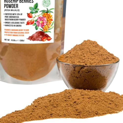 Farina di Rosa Canina Siberiana Macinata (300g) con Polvere Fine di Olivello Spinoso – Dalla Taiga e dai Monti Altai (Siberia) – Senza Zuccheri Aggiunti – Confezione Richiudibile