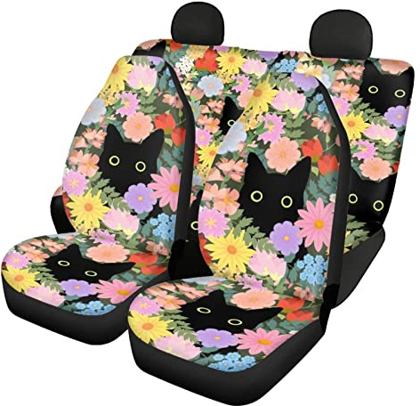 Belidome Autositzbezüge für Haustiere, mit buntem Blumen- und Katzenmuster, universell, dehnbar, für Vordersitze und Rücksitze, komplettes Set