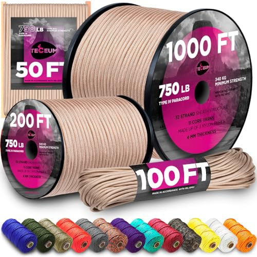 TECEUM Paracord Seil 750 - Beige 60 m - Survival Schnur Kordel 4mm | 11 Nylon-Stränge, 340 kg Tragkraft, Camping, Zelt, Abspannseil, Wäscheleine, taktische Ausrüstung, Armband, Basteln, Beige