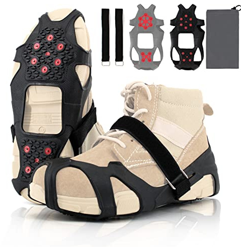 byhsports rutschfeste Eisstollen Schuhspikes Speziell für Laufen, Steigeisen mit Reflektierenden Absätzen, Starke Traktion Steigeisen 10 Wolframstollen, für Schuhe und Stiefel, Schnee-EIS-Wandern (L)