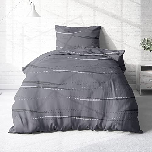 Träumschön Biber Bettwäsche Set 2tlg 135x200 cm + 80x80 cm – Flauschige Bettwäsche Anthrazit – Weiche Winterbettwäsche mit Wellen Design - Atmungsaktiv, Warm & Hautfreundlich - 100% Baumwolle