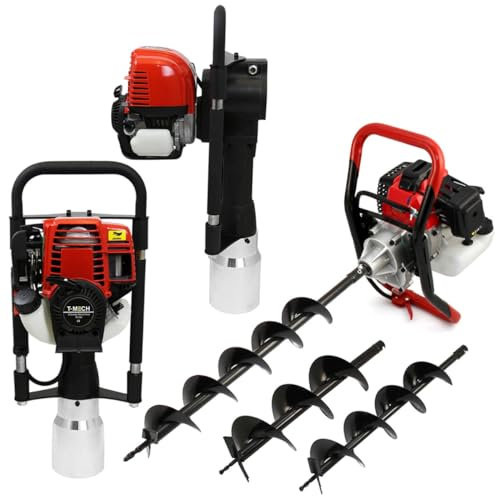 Earth Auger 3HP Motor & Petrol Post Driver, Powerful 37.7cc T-Mech 120mm Post Hole Borer Fence Hammer Picket Fencing Knocker 52cc Rammer 3 Sized Drills, Free Safety Gear Carry Case and Tool Kit