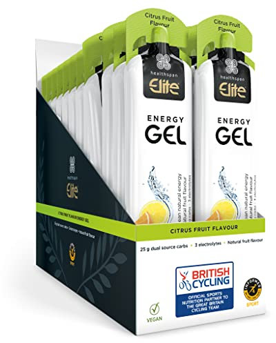 Healthspan Elite Energy Gels (24 Gels) | 25g Dual Source Fast Acting Carbs | 3 Electrolytes- Sodium, Potassium & Calcium | Vegan (Citrus)