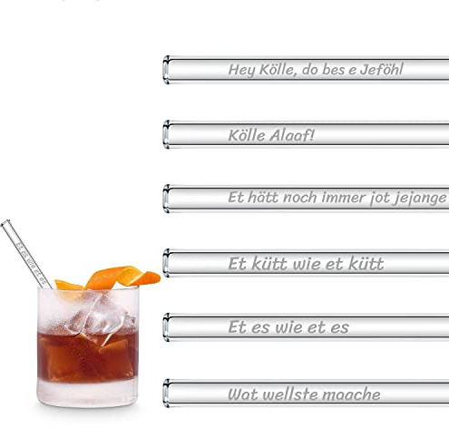 HALM Glasstrohhalme Köln Edition Lustige Karneval Sprüche | 6x 15 cm kurz Strohhalme aus Glas Geschenkset mit gravierten Sprüchen | Cocktail Set Kölle Alaaf Fasching Deko