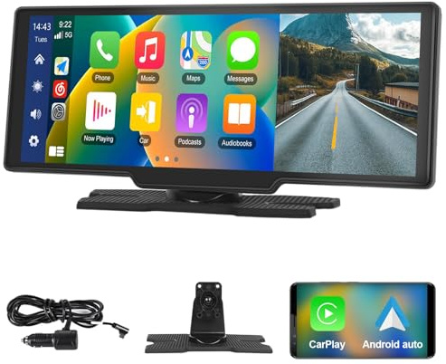 Podofo 10,26 Pouces Stéréo de Voiture Portable avec Carplay Android Auto sans Fil, écran Tactile 7-32V, Assistant Vocal de Caméra Arrière/Bluetooth/Transmetteur FM/AUX/TF Carte