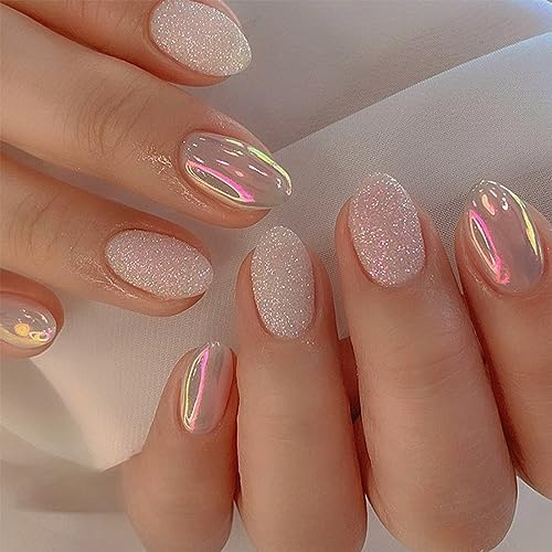 Agasar 24pcs Short Oval False Nails Aurora Stick on Nails Glitter Pink Press on Nail Removable Glue on Acrylic Full Cover Fake Nail Art Accessories for Women
