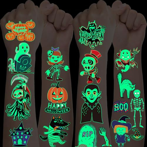 Tattoo Kinder,10 Blätt Halloween Leucht Kinder Tattoo,Kürbisse Geister Hexen Temporäre Tattoos Aufkleber,Gesichts Kindertattoos Sticker für Halloween Cosplay Karneval Party Kindergeburtstag Mitgebsel