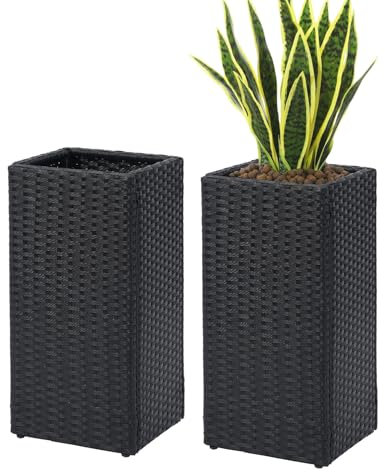 SUNNYPARK 2 Pack Tall Planters for Outdoor Plants Rattan Modern Tall Square Planter Box with Removable Liners Indoor Outdoor Porch Patio Flower Pot (12’’ x 12’’ x 24’’)