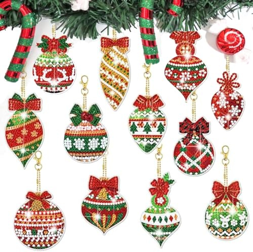 QUANMAITONG Diamond Painting Anhänger Weihnachten Bastelset，5D Weihnachtsball Diamond Painting DIY Schlüsselanhänger