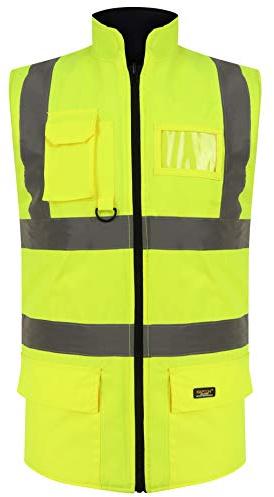 Dolce Fashions® High Visibility Bodywarmer Fleece Lined Reversible Gilet Jacket Adults Hi Vis Waterproof Workwear Security Safety Wear Warm Sleeveless Waistcoat Body Warmer Vest Top (Yellow, XL)