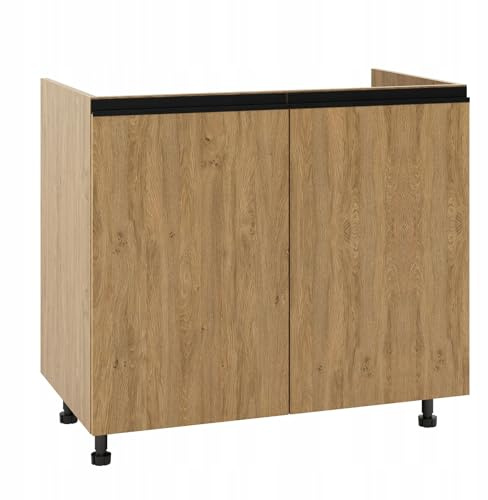 Laclar Küchenunterschrank Spülenschrank 90x50,4x82 cm - 2-türig - Soft-Close - Moderne Front mit Aluminiumgriff - ohne Arbeitsplatte - Korpus & Front: Steineiche
