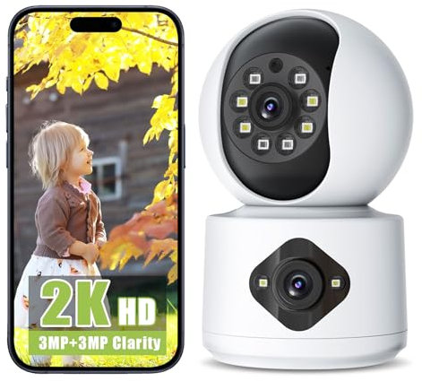 6MP Überwachungskamera Innen 2K Dual Kameras 2.4G PTZ WiFi 360° Babyphone mit Kamera,Person Haustiererkennung,Bewegungserkennung,2-Wege-Audio,Alarmmeldung,Vollfarbige Nachtsicht,Kompatibel mit Alexa