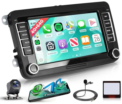 4G+64G Wireless Carplay Android 13 Autoradio für VW Golf 5 6 Passat Polo Tiguan Touran Caddy Skoda SEAT 7 Zoll Autoradio Android Auto GPS Navi WiFi Mirror Link Bluetooth FM/RDS/EQ/SWC Rückfahrkamera