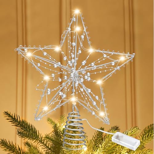 Julgransspets, 30 cm (11,8 tum) julgranstopp, julgran, spetsstjärna, juldekoration med 20 LED-glittrande pärlor, LED-stjärna, julgransprydnad, USB-driven fjärrkontroll, julgranspynt