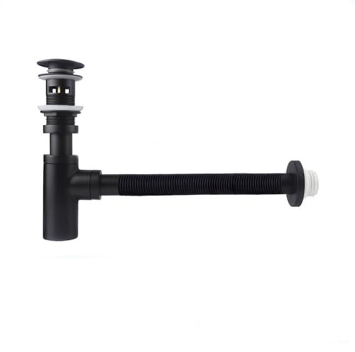 Siphon de Lavabo Siphon d'évier de salle de bain en laiton de 30 cm avec siphon d'évier de salle de bain flexible avec tuyau de vidange noir ou chromé.(Black with hole)
