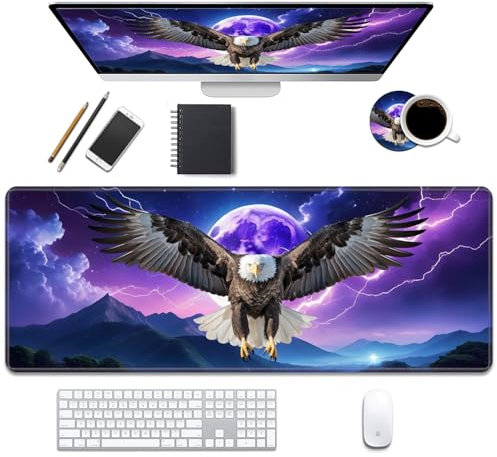 Schreibtischunterlage, Gaming-Mauspads mit Untersetzern, genähte Kanten, XL-Mauspad für Laptop, Computer, Weißkopfseeadler, Schreibtischunterlage für Büro und Zuhause, 80 x 30 cm