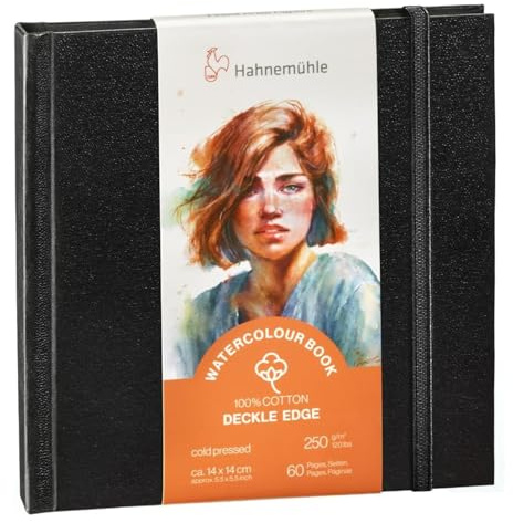 Hahnemühle Watercolour Book Deckle Edge, Aquarellbuch mit gerissenen Rändern, 100% Baumwolle, 250 g/m², matt, 30 Blatt/60 Seiten (ca. 14x14 cm)