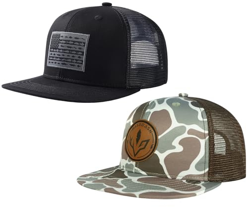 Bassdash Paquete de 2 Gorras de Camionero de ala Plana Ajustable Snapback Sombrero de Malla Trasera para Hombres Mujeres Pesca Caza