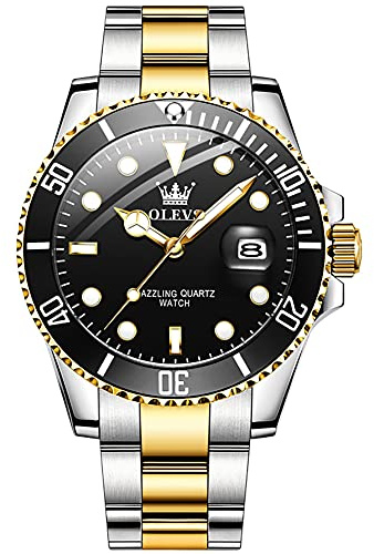OLEVS Reloj para Hombre Esfera Negro Analógico Cuarzo Reloj de Acero Inoxidable de Cara Grande Clásico Fácil de Leer Relojes de Pulsera de Fecha Lujo para Correa de Oro Plata Pulsera