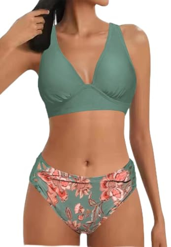 Maillot de Bain Femme Deux Pièces Push Up V-Cou Swimwear Haut Triangle Bikini Réglable Taille Mid Waisted Bikini 2 Pieces Rembourré Maillot de Bain(Vertes-Fleurs,L)