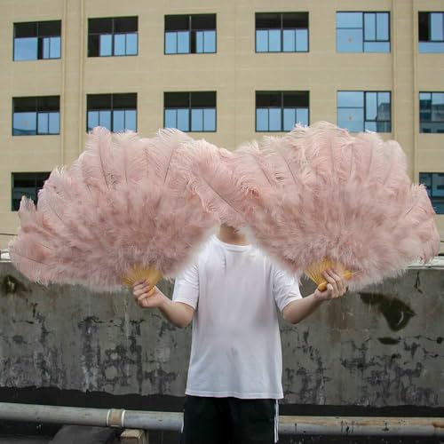 Abanicos de plumas de avestruz grandes de 13 huesos, accesorios de baile, abanicos plegables, artesanías, abanicos de plumas, 90 cm, 120 cm, cuero rosa, abanico grande, 1 unidad