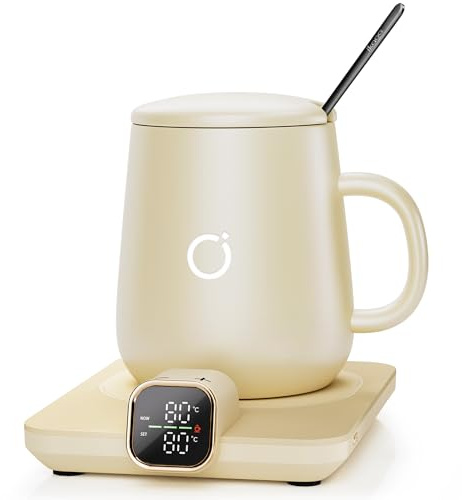 Elektrischer Tassenwärmer Set mit 1 °C Temperaturregelung und Echtzeit-Temperaturanzeige, automatischer Abschaltung, Kaffeewärmer für Schreibtisch & Büro – praktische Geschenkidee, Beige
