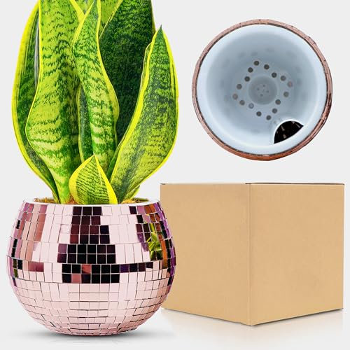 Boule Disco Plante Pot,Disco Boule Facette Pot de Fleur,Cache Pot Boule Disco,Disco Jardiniere,Bol Disco,Vase Disco,Paillettes Or RoseMosaique Miroir Verre Disco Decor pour Cactus Succulent,4*5*5IN