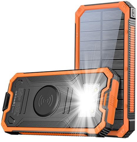 Caricabatterie solare Power Bank, caricabatterie wireless portatile da 20000 mAh con torcia e ingresso/uscita USB C, batteria esterna impermeabile per viaggi in campeggio, arancione