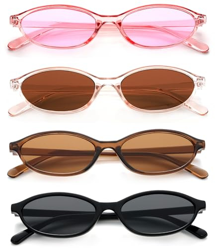 Unning 4 Stück Oval Sonnenbrille Damen Retro Ovale Sonnenbrillen Schmal Vintage Klein Brillen Set